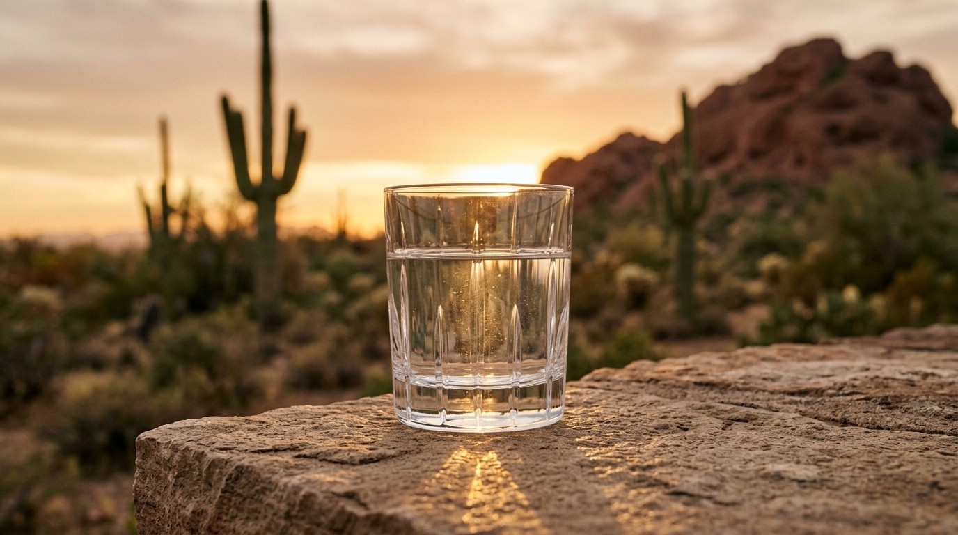 A crystal glass of water on desert rock at sunset near Phoenix