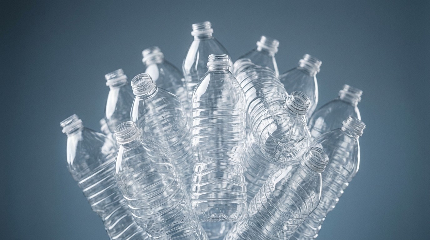 A single glass of clean water beside a plastic bottle on a countertop