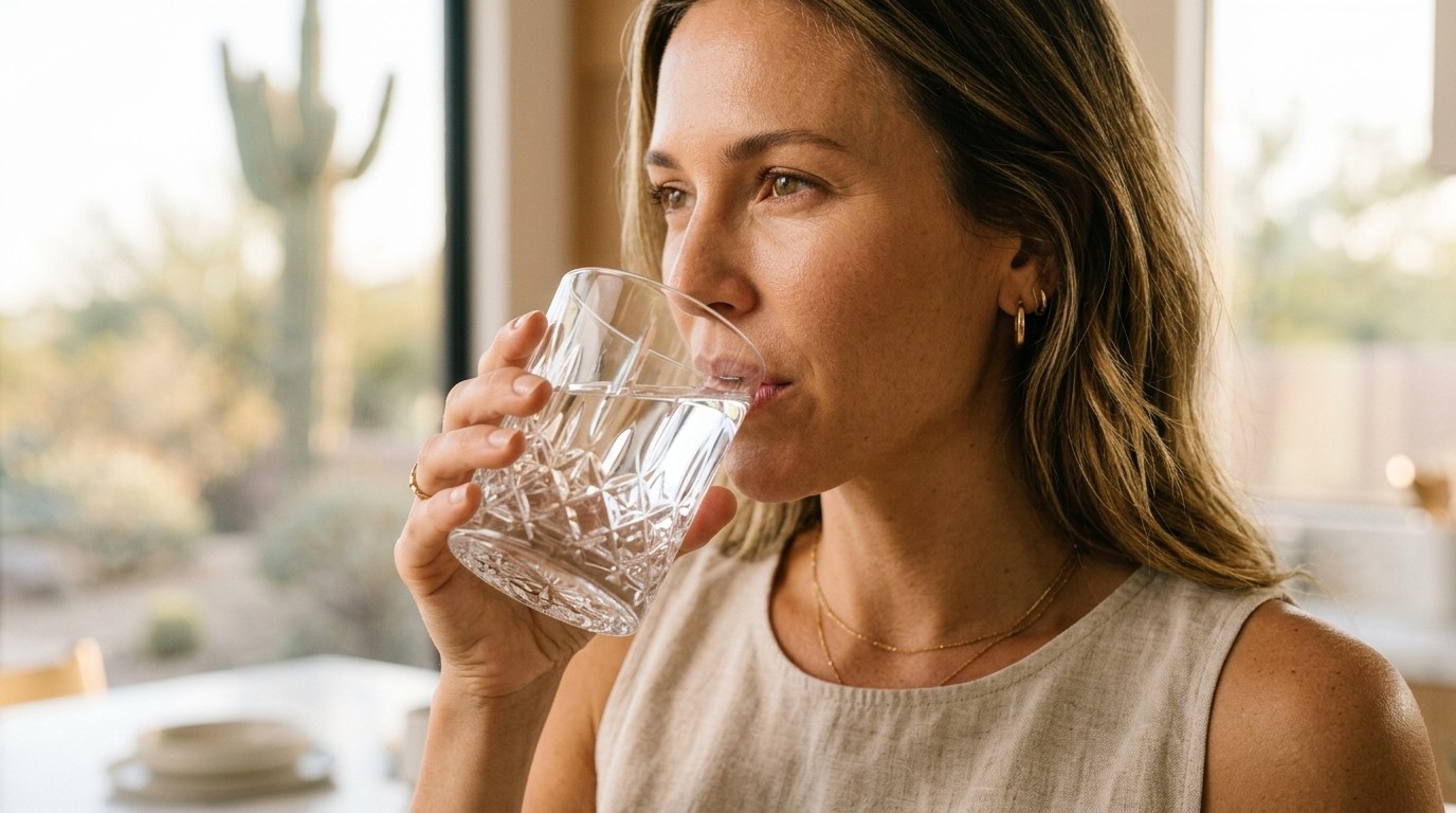 Woman drinking a glass of water at home with an Arizona desert view