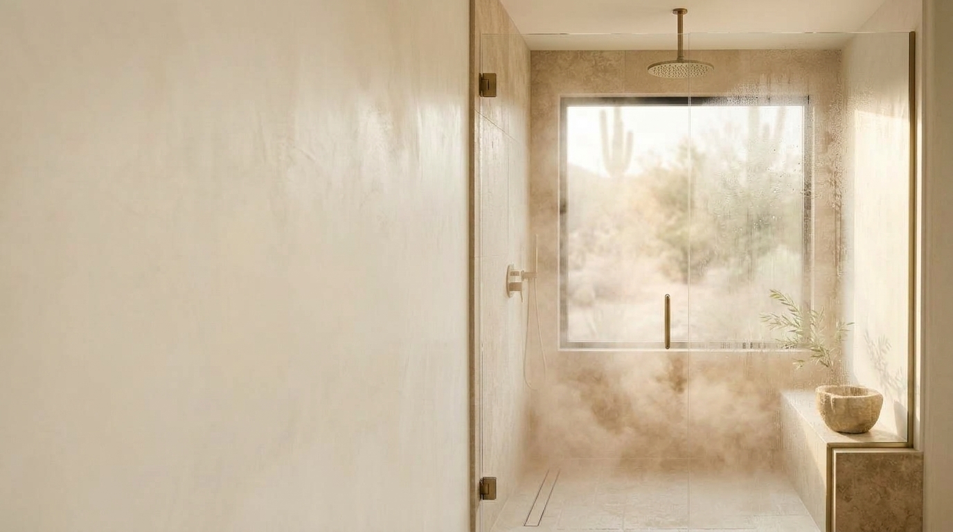 Steam rising from a warm shower in a bright, clean bathroom