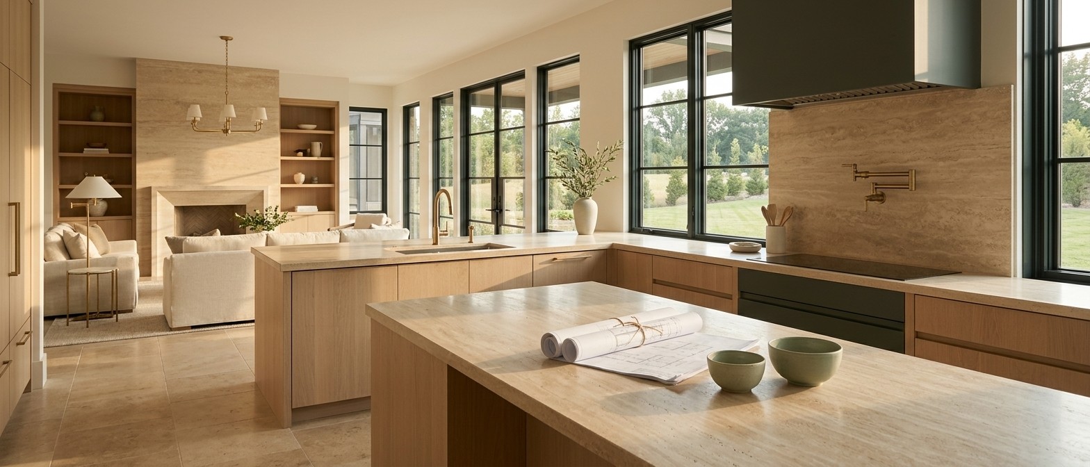 The kitchen and great room of a newly built luxury home in warm travertine and oak, with brushed-brass fixtures and architectural plans resting on the island