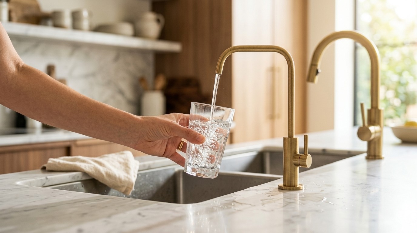 Filling a glass with purified water from a dedicated brass drinking-water faucet