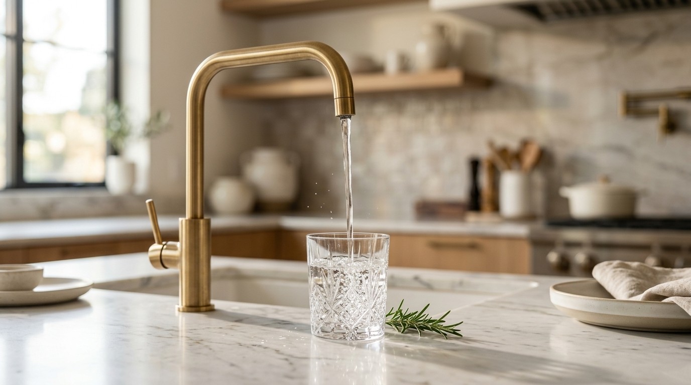 Filtered water pouring from a brass tap into a crystal glass in a marble kitchen