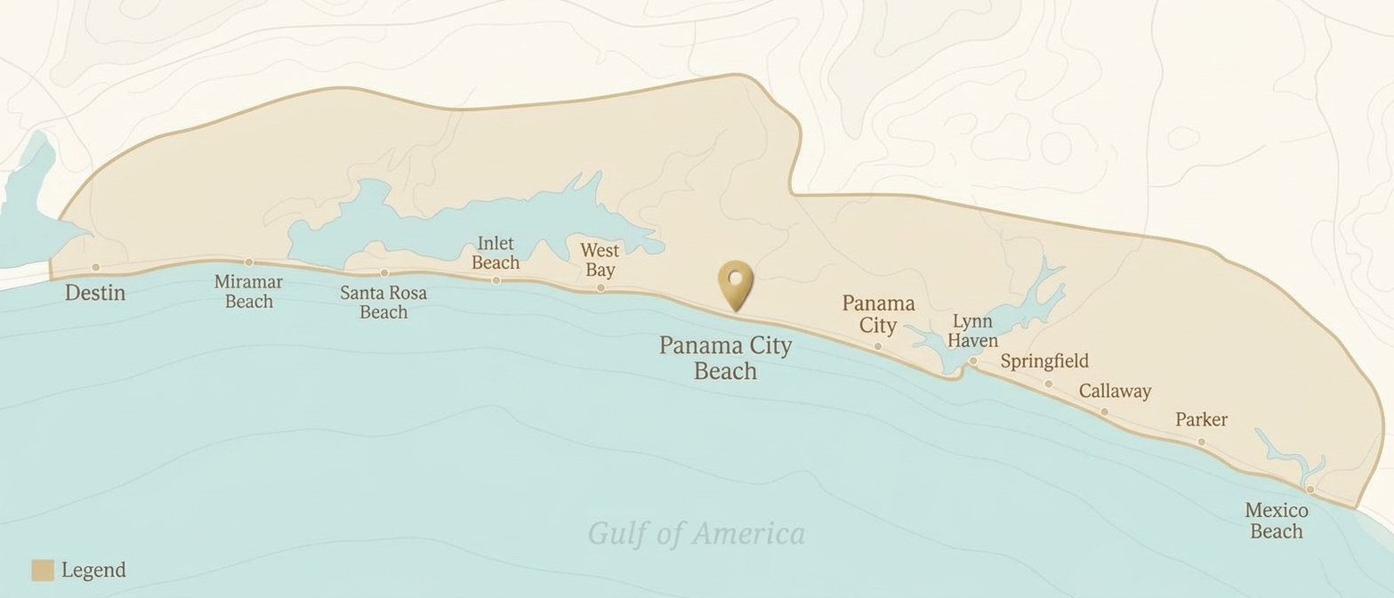 Illustrated map of Aera's Emerald Coast service area in the Florida Panhandle, from Destin east to Mexico Beach, including Miramar Beach, Santa Rosa Beach, Inlet Beach, West Bay, Panama City Beach, Panama City, Lynn Haven, Springfield, Callaway and Parker, along the Gulf of America