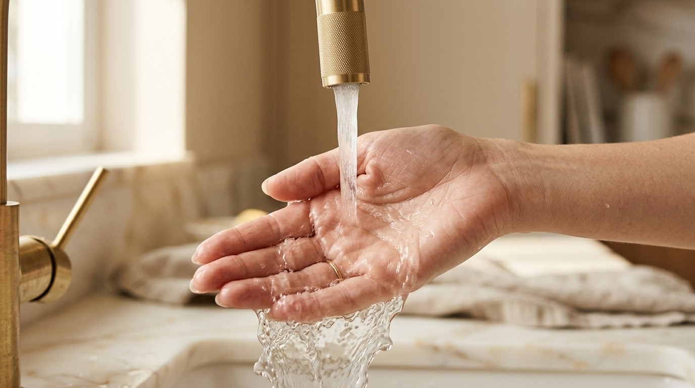 Soft, clear water flowing over a hand beneath a brushed-brass faucet